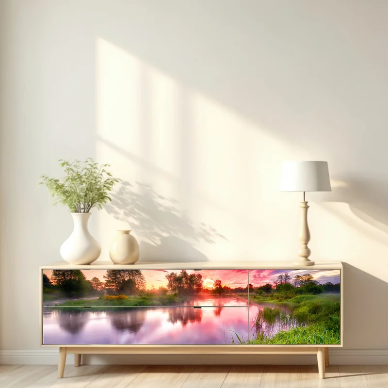 Repositionierbarer Aufkleber ruhiger sommer sonnenaufgang am flussufer Repositionierbarer Aufkleber ruhiger sommer sonnenaufgang am flussufer