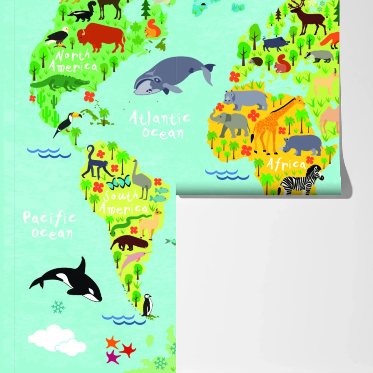 Fototapeta kolorowa mapa świata ze zwierzętami Fototapeta kolorowa mapa świata ze zwierzętami