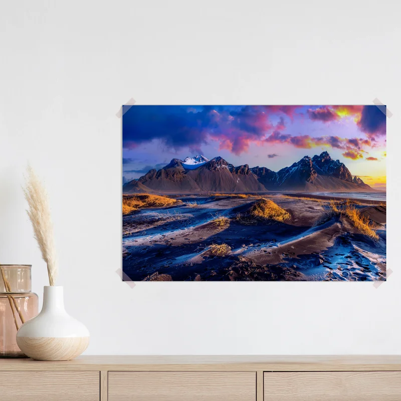 Poster Vestrahorn sonnenaufgang panorama • Poster bei Wallnifity® Poster Vestrahorn sonnenaufgang panorama • Poster bei Wallnifity®