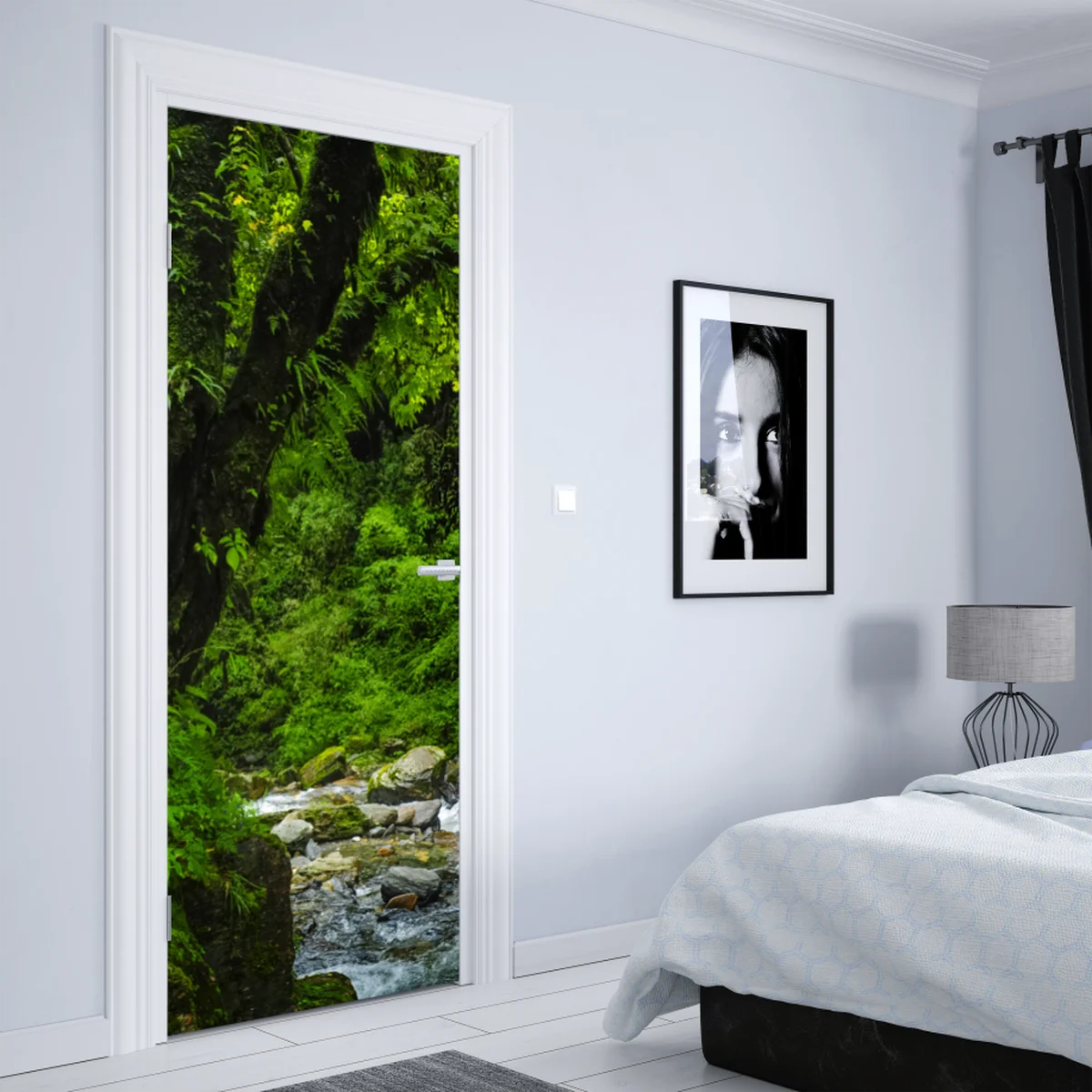 Türaufkleber üppiger grüner wasserfall im wald Türaufkleber üppiger grüner wasserfall im wald