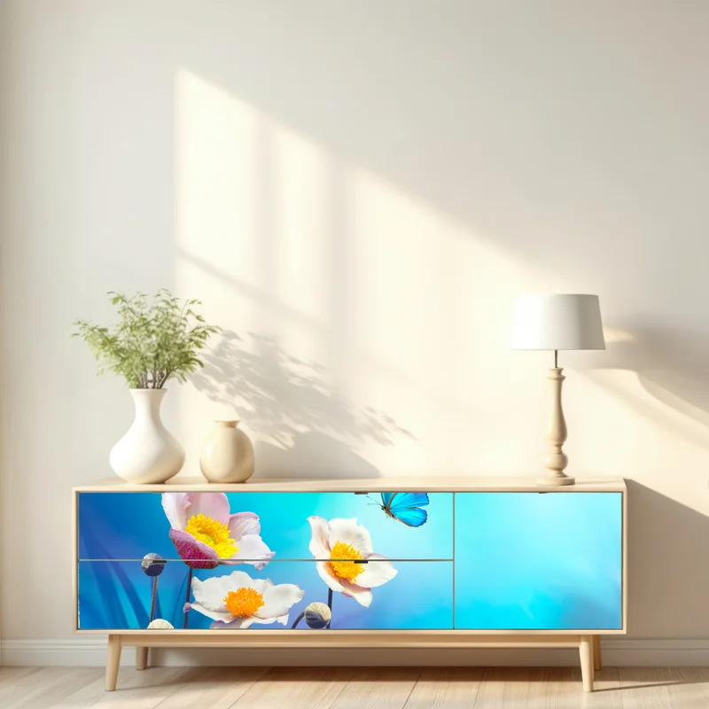 Repositionierbarer Aufkleber zarte rosa anemonen und blauer schmetterling Repositionierbarer Aufkleber zarte rosa anemonen und blauer schmetterling