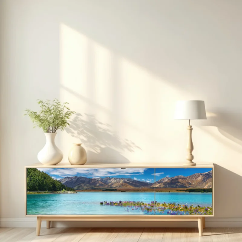 Repositionierbarer Aufkleber Lake Tekapo lupinenmeer am türkisen see