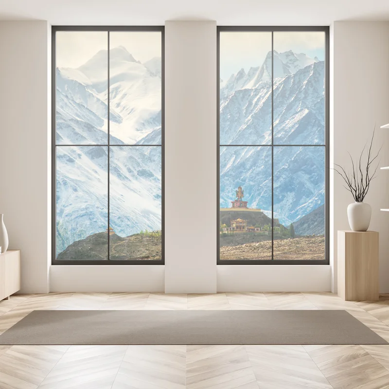 Fensteraufkleber majestätisches bergkloster vor schneebedeckten gipfeln