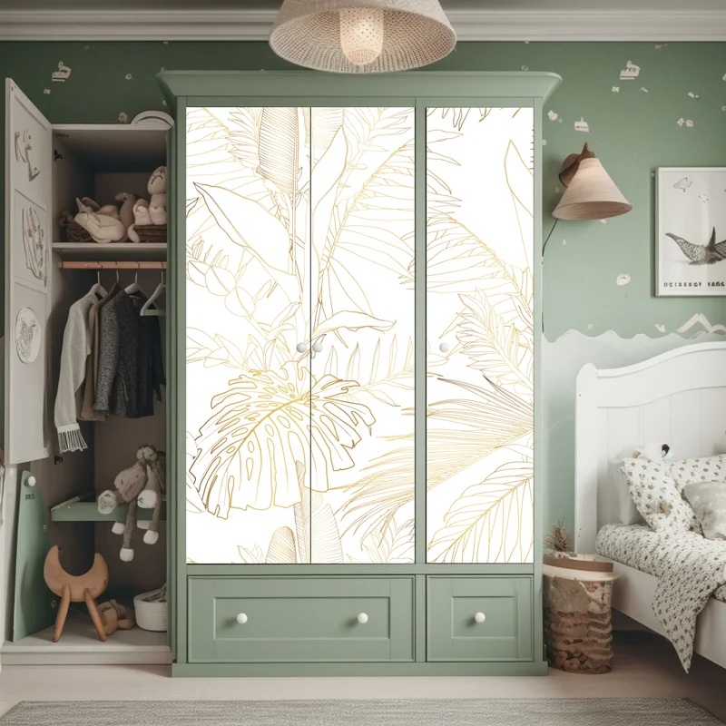 Schrankaufkleber goldene tropische blätter line art