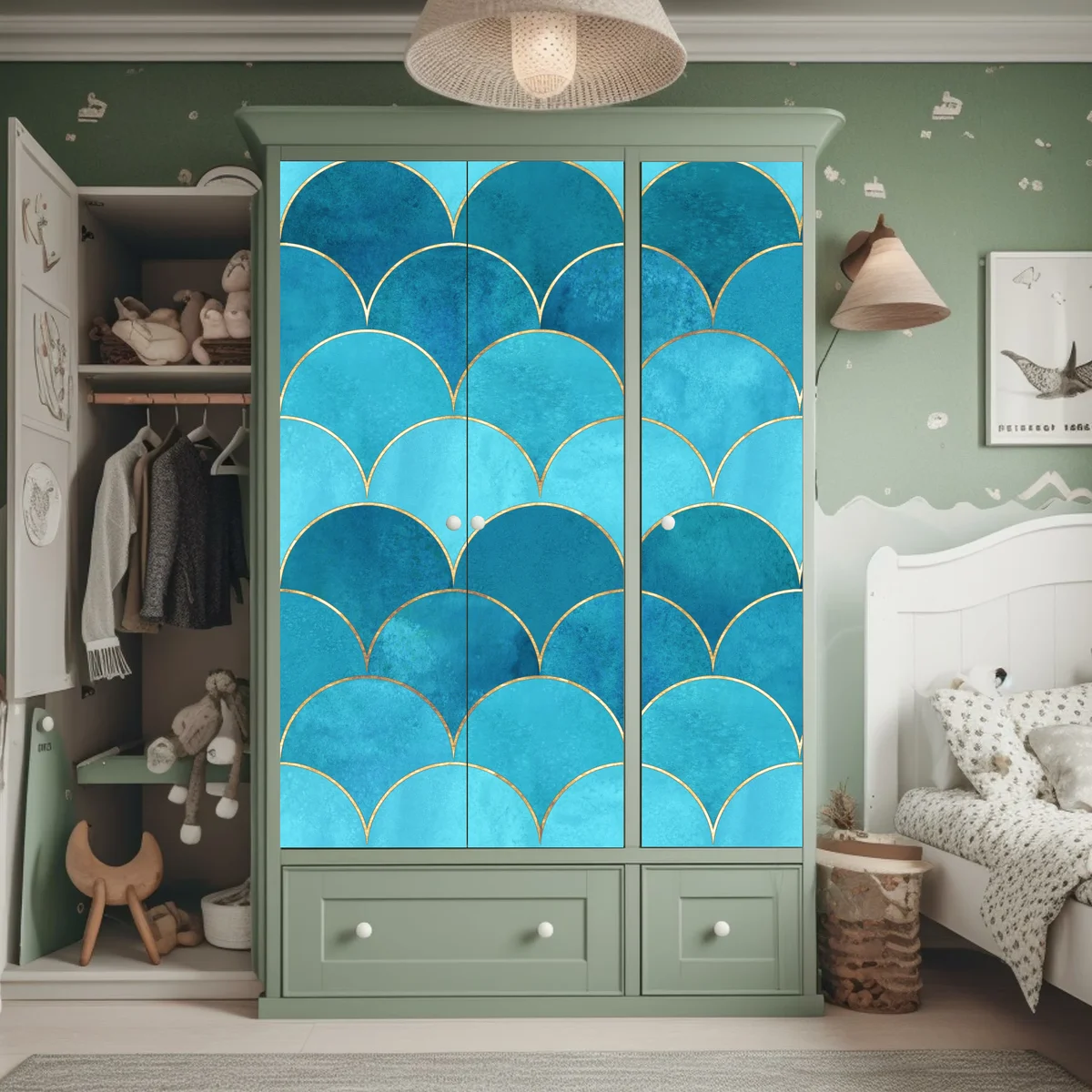 Schrankaufkleber türkis schuppenmuster mit goldakzenten Schrankaufkleber türkis schuppenmuster mit goldakzenten