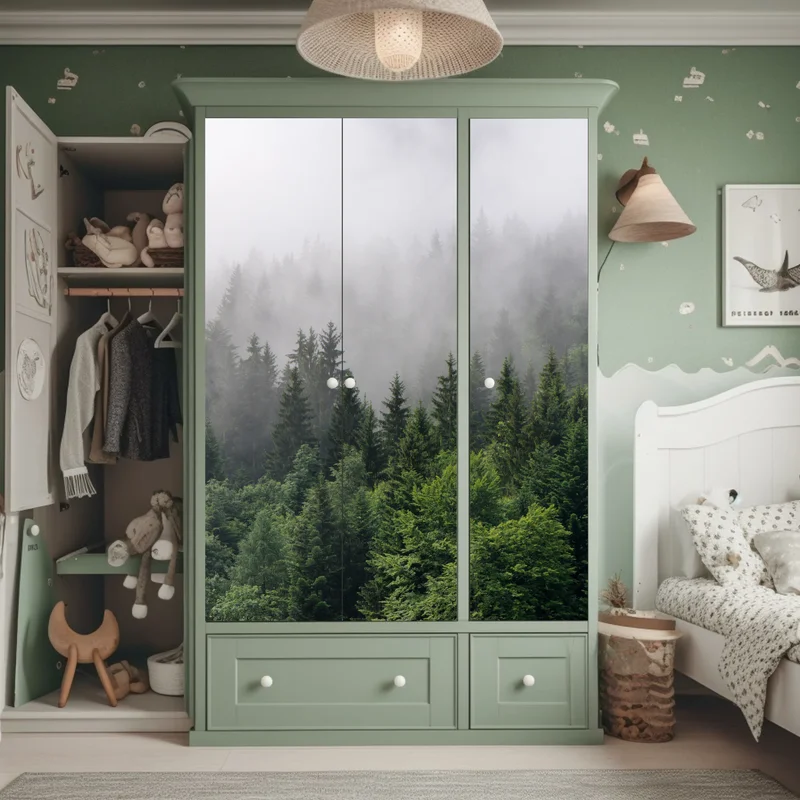 Schrankaufkleber nebliger immergrüner wald panorama