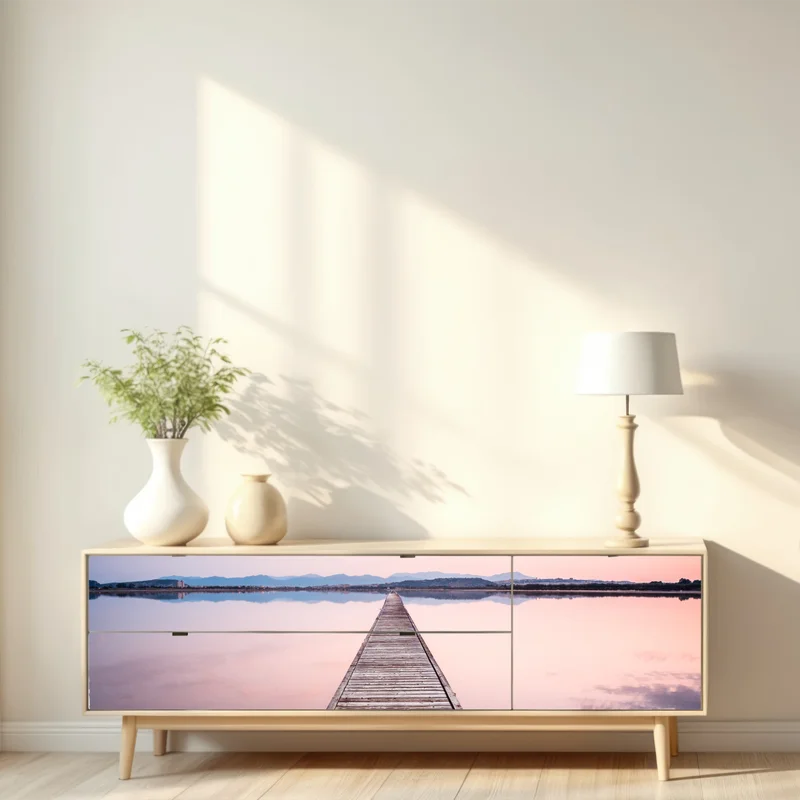 Repositionierbarer Aufkleber holzsteg zum horizont bei sonnenuntergang