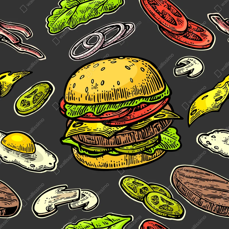 Fototapete buntes burger-muster mit zutaten Fototapete buntes burger-muster mit zutaten