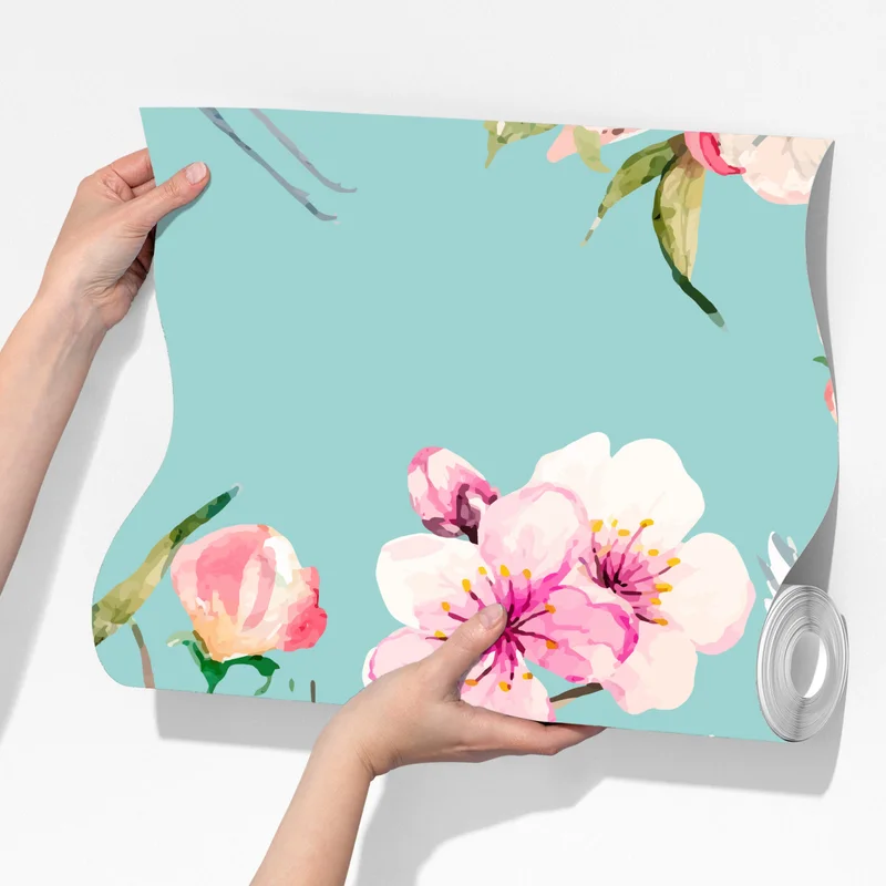 Fototapete türkises kirschblüten- und kranichmuster Fototapete türkises kirschblüten- und kranichmuster