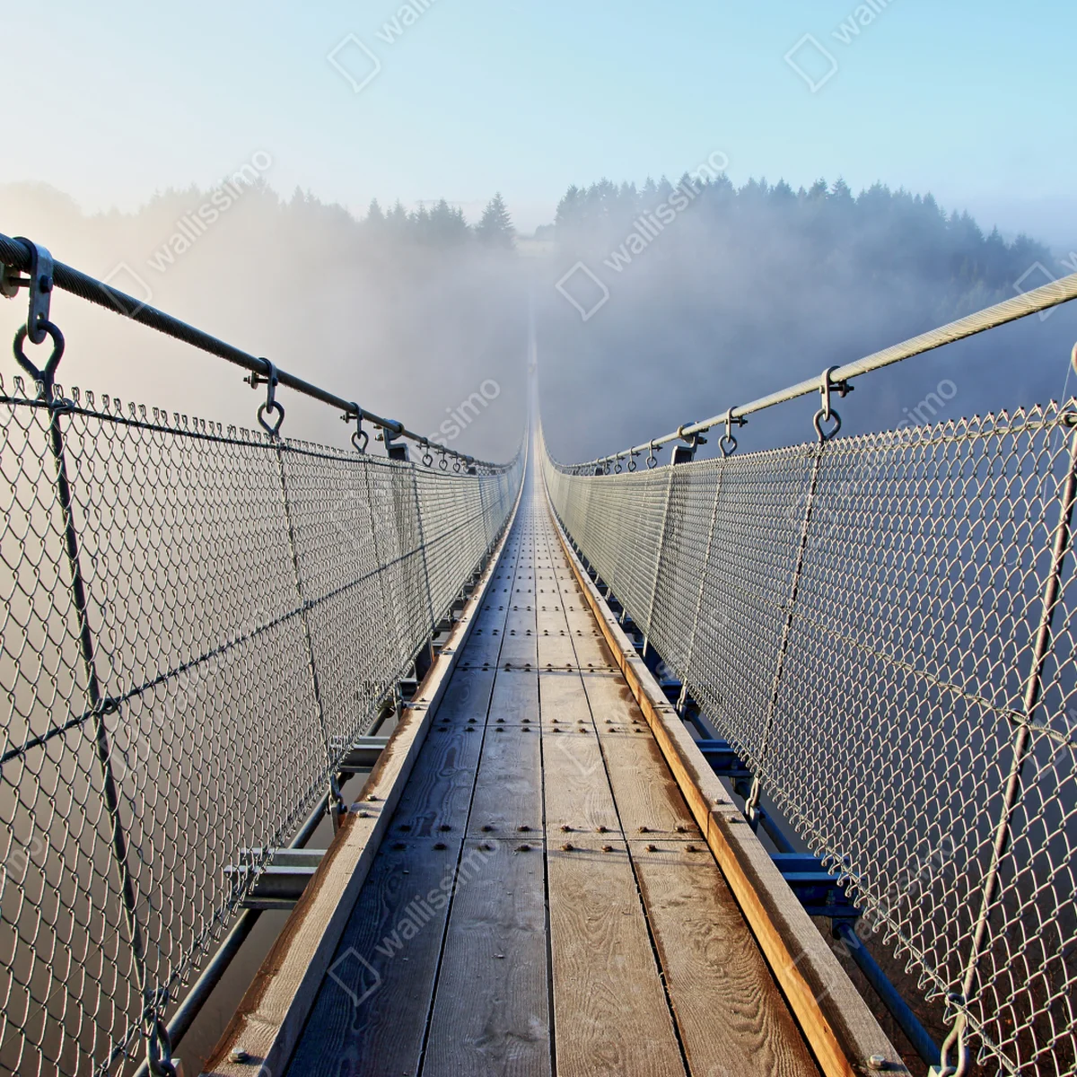 Leinwandbild neblige hängebrücke, die in den wald führt Leinwandbild neblige hängebrücke, die in den wald führt