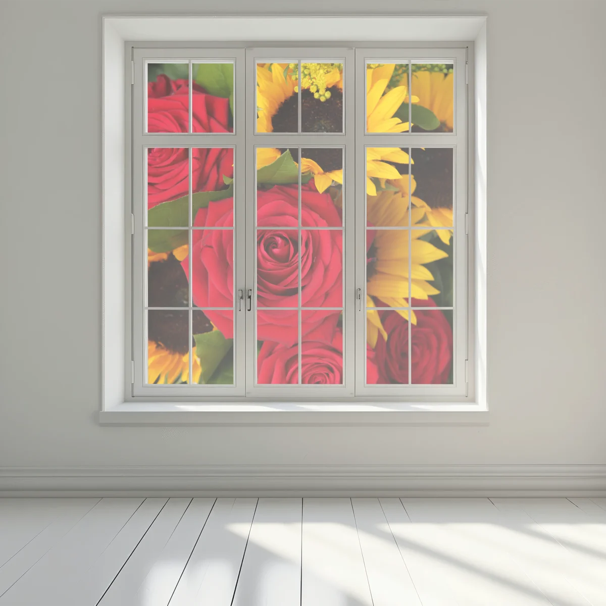 Fensteraufkleber rote rosen und sonnenblumen im bukett Fensteraufkleber rote rosen und sonnenblumen im bukett