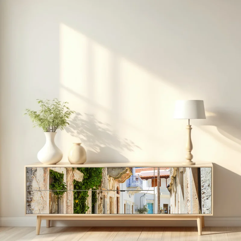 Repositionierbarer Aufkleber sonnenbeschienene mediterrane gasse mit caféstühlen Repositionierbarer Aufkleber sonnenbeschienene mediterrane gasse mit caféstühlen