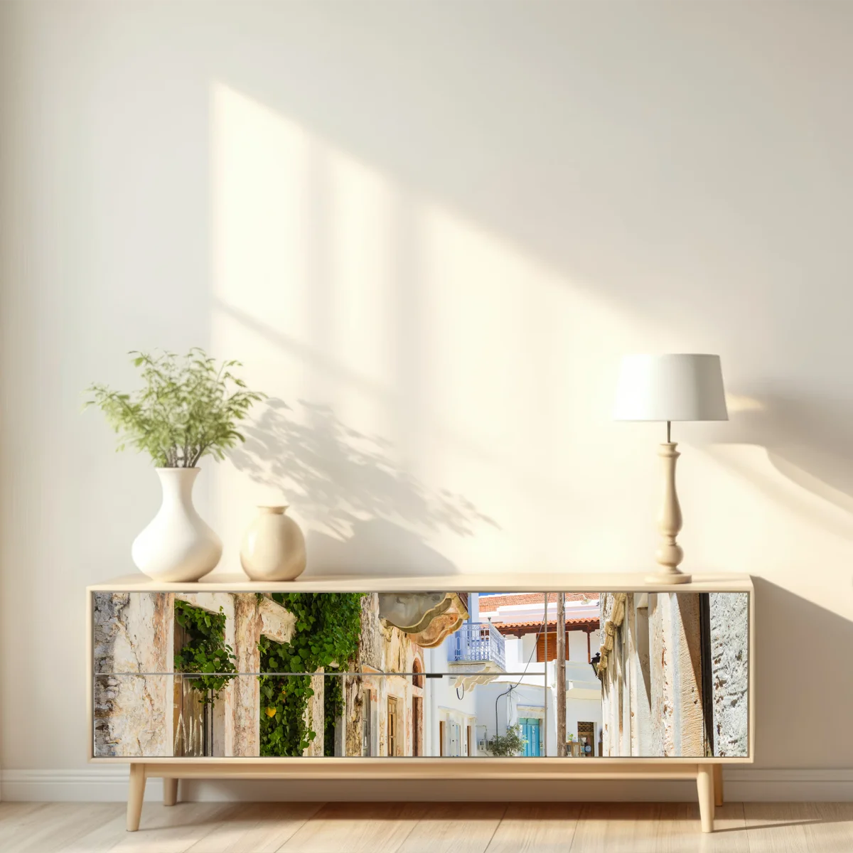 Repositionierbarer Aufkleber sonnenbeschienene mediterrane gasse mit caféstühlen Repositionierbarer Aufkleber sonnenbeschienene mediterrane gasse mit caféstühlen