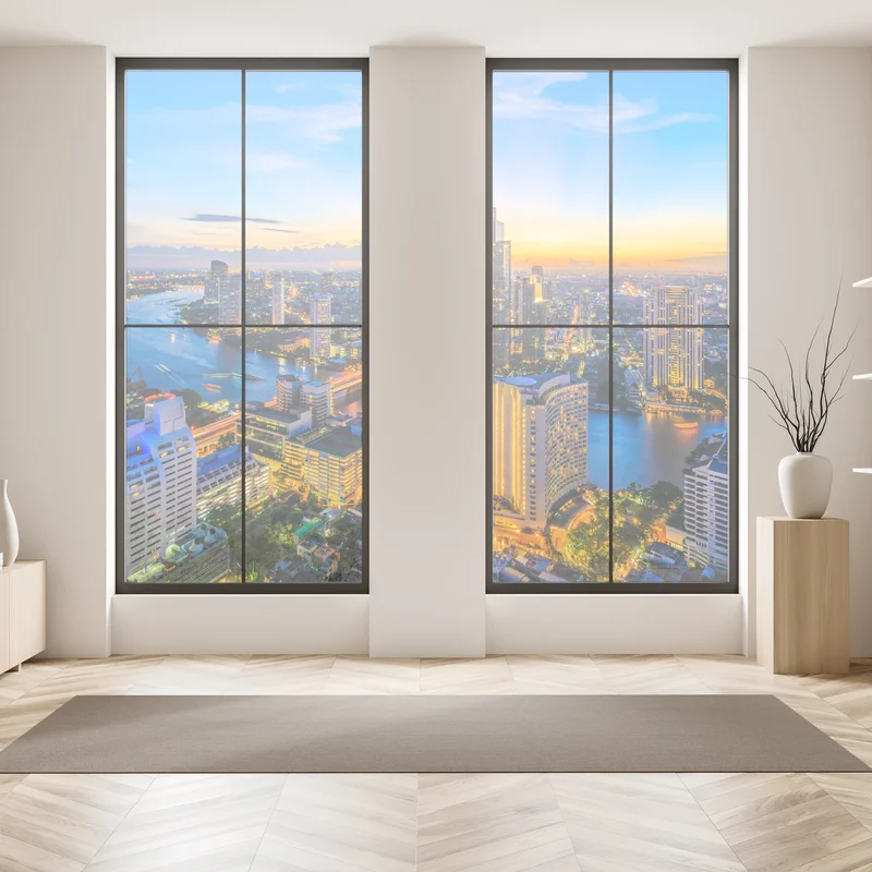 Fensteraufkleber lebendige stadtskyline bei dämmerung