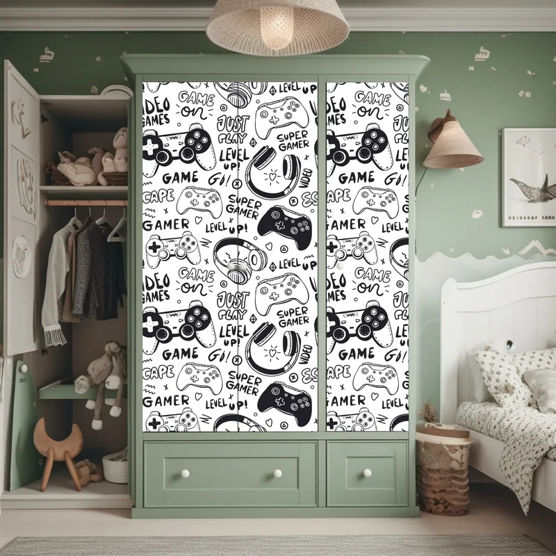 Schrankaufkleber doodle-muster mit videospiel-controllern Schrankaufkleber doodle-muster mit videospiel-controllern