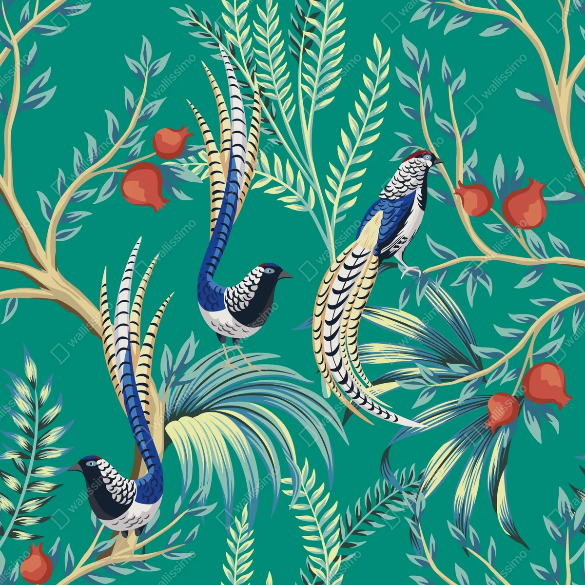 Repositionierbarer Aufkleber exotisches vogelmuster mit granatäpfeln Repositionierbarer Aufkleber exotisches vogelmuster mit granatäpfeln