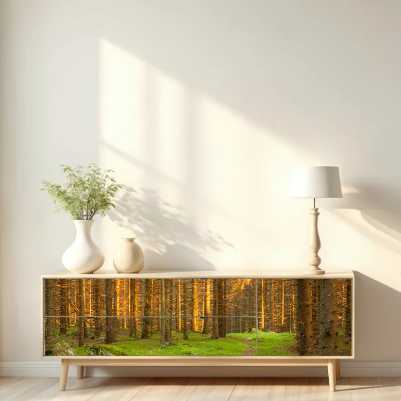 Repositionierbarer Aufkleber goldenes licht im moosbedeckten kiefernwald