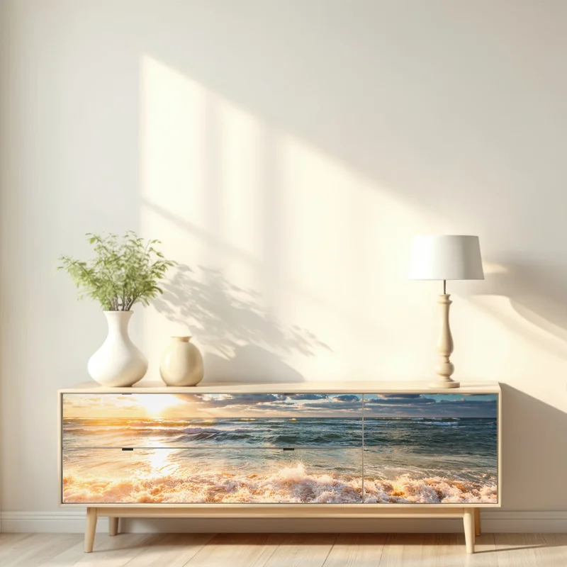 Repositionierbarer Aufkleber goldener sonnenaufgang über dem meer