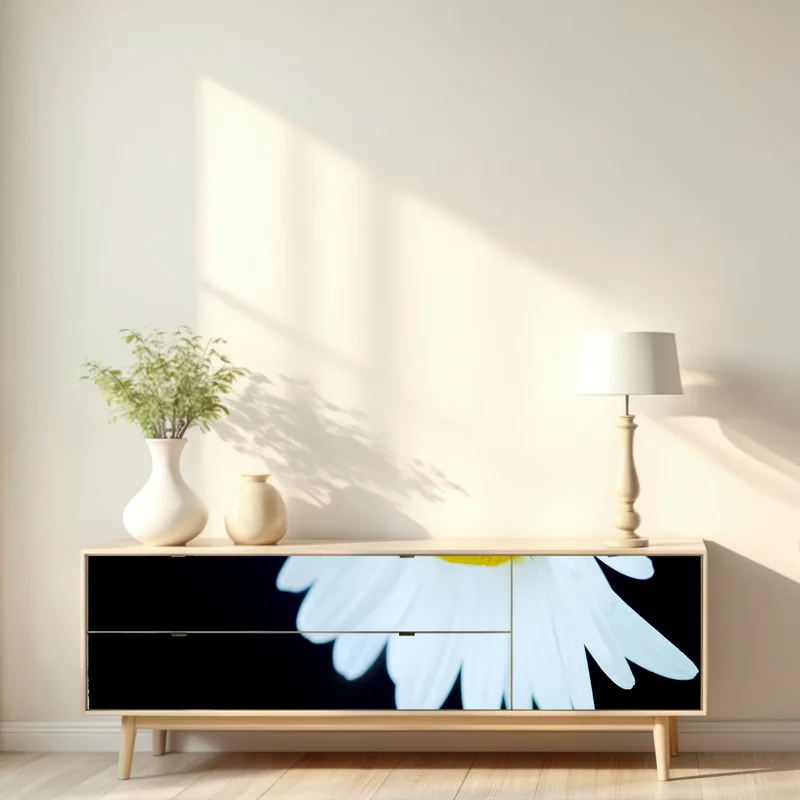 Repositionierbarer Aufkleber weißes gänseblümchen nahaufnahme vor schwarzem hintergrund Repositionierbarer Aufkleber weißes gänseblümchen nahaufnahme vor schwarzem hintergrund