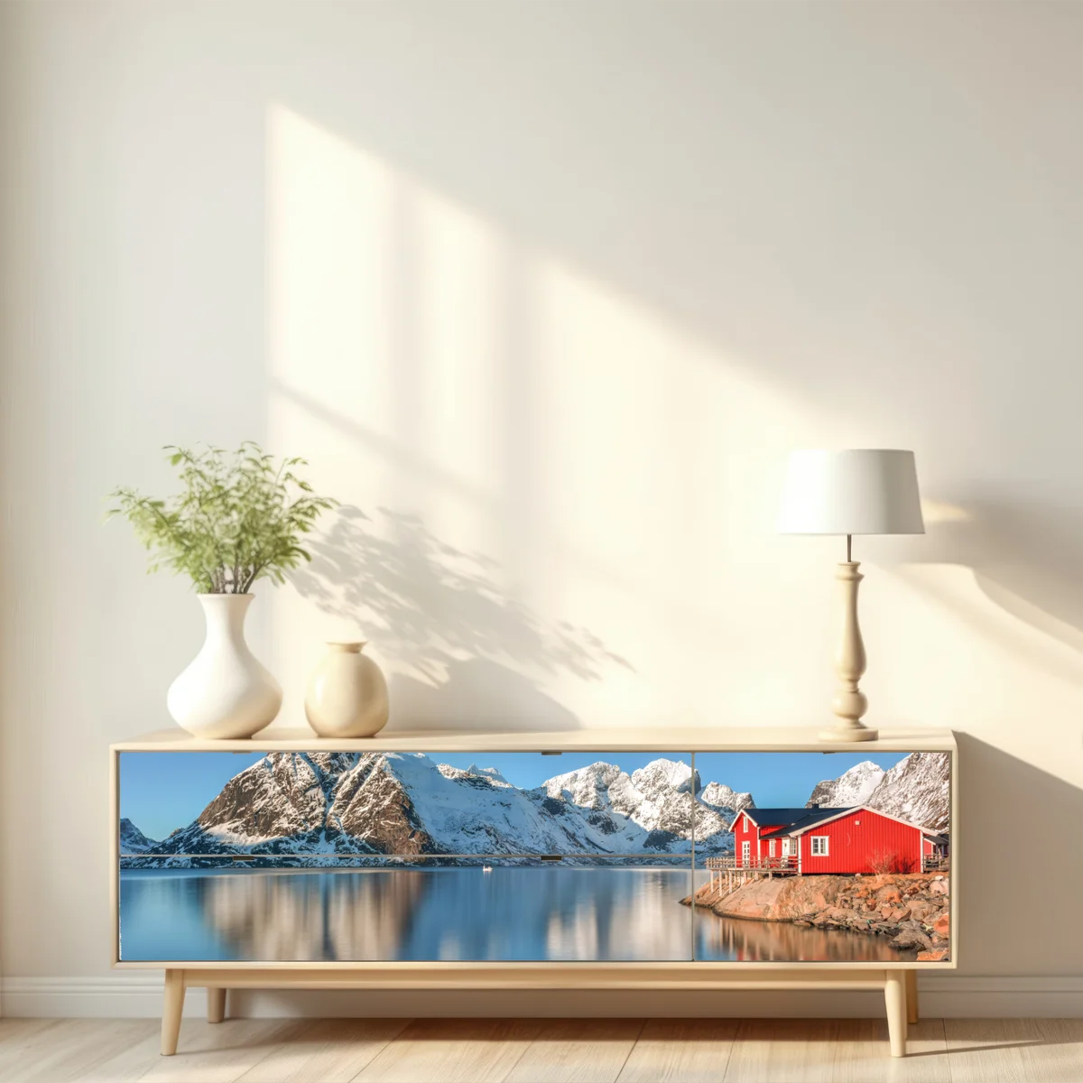 Repositionierbarer Aufkleber ruhiger winterlicher fjord in Reine, Lofoten Repositionierbarer Aufkleber ruhiger winterlicher fjord in Reine, Lofoten