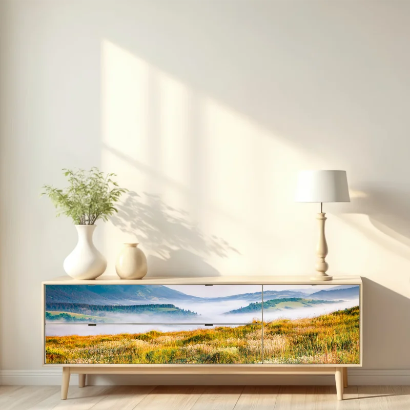 Repositionierbarer Aufkleber nebliger morgen in den Karpaten