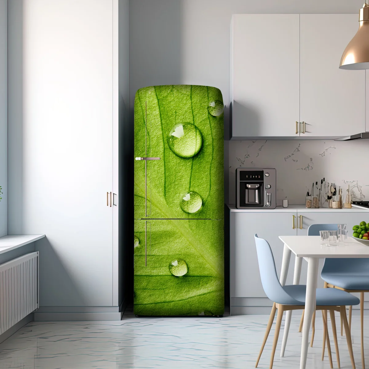 Kühlschrankaufkleber frisches grünes blatt mit wassertropfen Kühlschrankaufkleber frisches grünes blatt mit wassertropfen