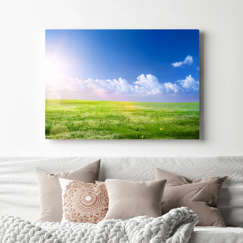Leinwandbild sonnige frühlingswiese unter blauem himmel Leinwandbild sonnige frühlingswiese unter blauem himmel