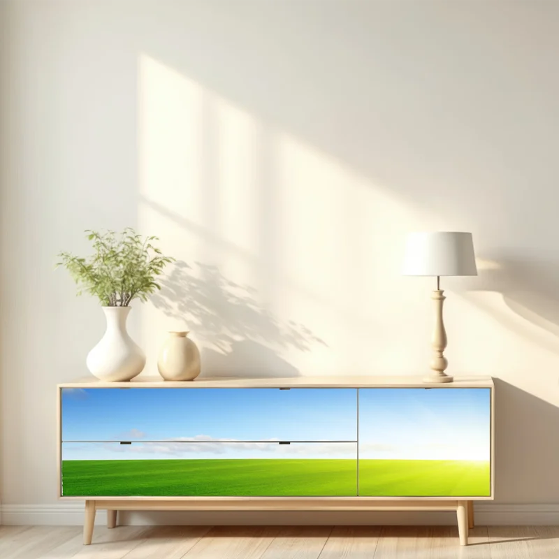 Repositionierbarer Aufkleber sonnenbeschienene grüne wiese im morgenlicht Repositionierbarer Aufkleber sonnenbeschienene grüne wiese im morgenlicht