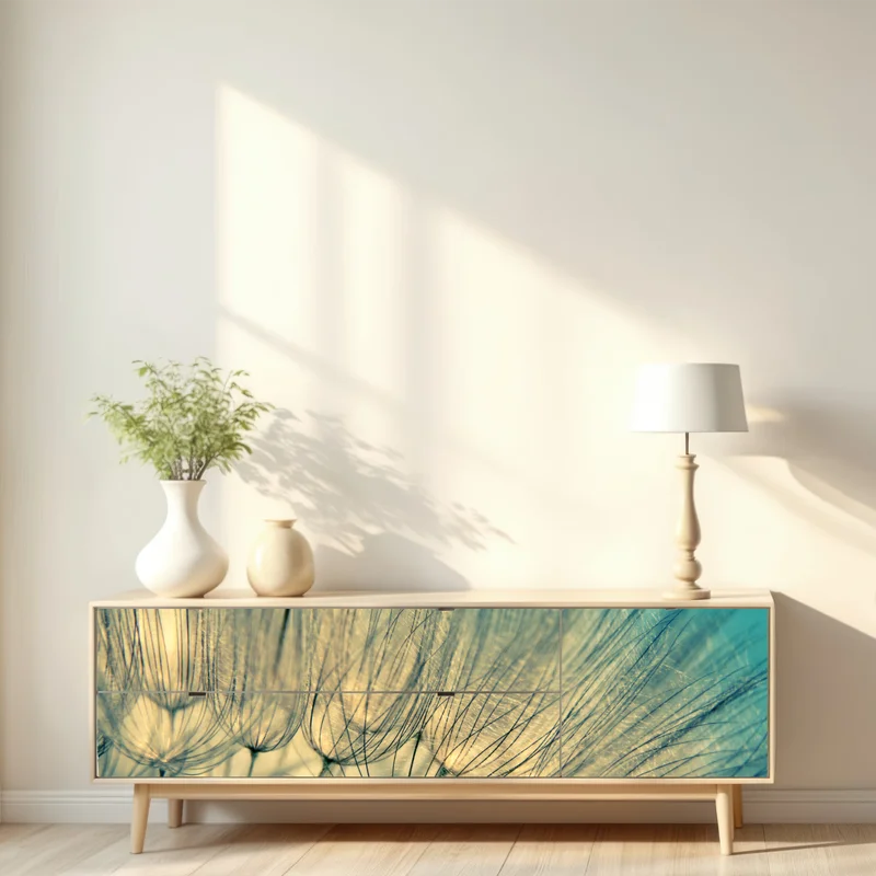 Repositionierbarer Aufkleber zarte löwenzahn-aufnahme in sanftem blau