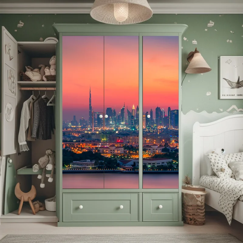 Schrankaufkleber Dubai skyline bei sonnenuntergang