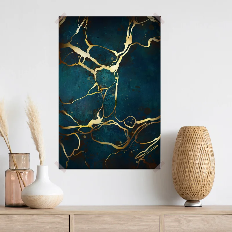 Poster türkis und gold abstrakt mit goldenen adern Poster türkis und gold abstrakt mit goldenen adern