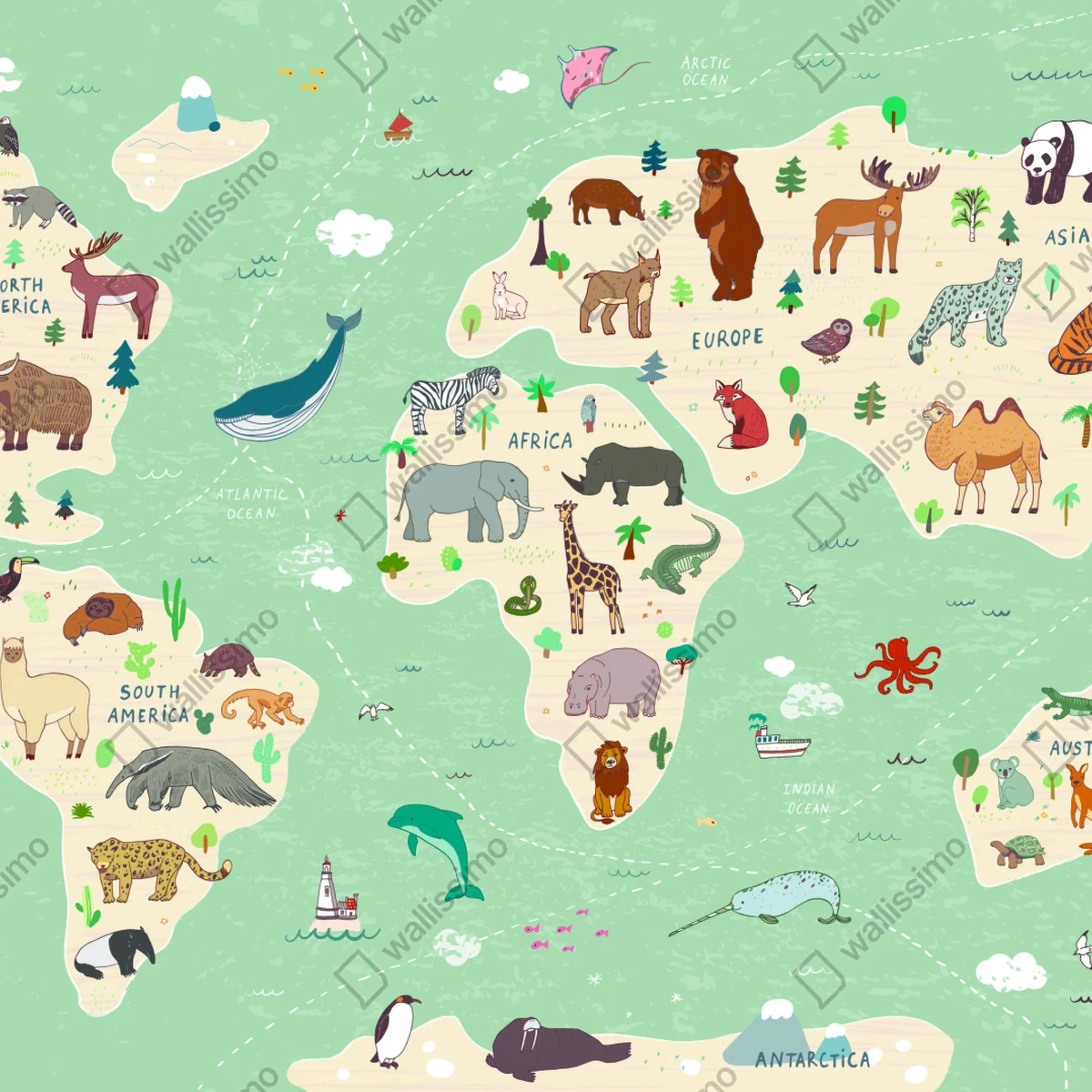 Fototapete verspielte weltkarte mit tieren Fototapete verspielte weltkarte mit tieren