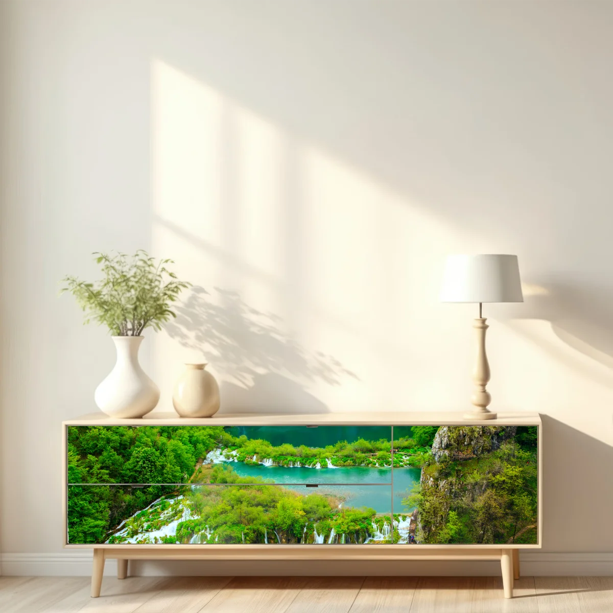 Repositionierbarer Aufkleber üppiger wasserfall und türkise seen Repositionierbarer Aufkleber üppiger wasserfall und türkise seen