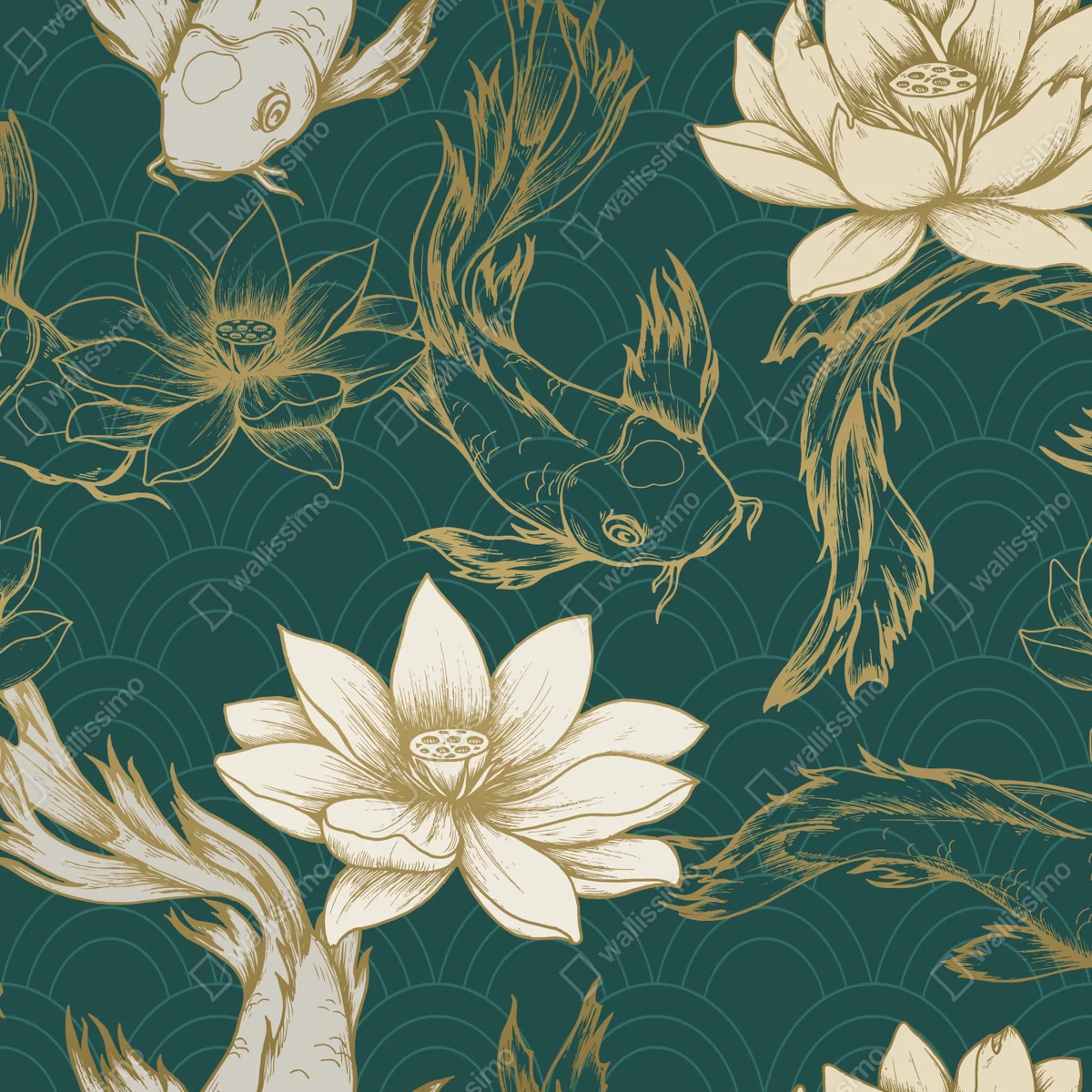 Repositionierbarer Aufkleber orientalisches koi- und lotosmuster in türkis und gold Repositionierbarer Aufkleber orientalisches koi- und lotosmuster in türkis und gold