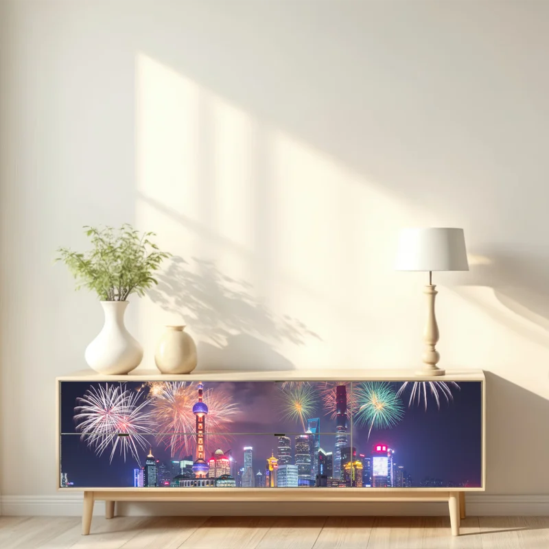 Repositionierbarer Aufkleber Shanghai skyline mit feuerwerk über dem Huangpu
