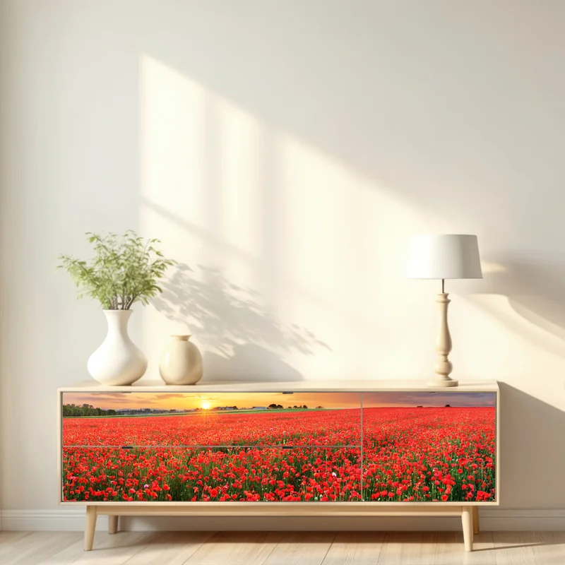 Repositionierbarer Aufkleber mohnfeld im sonnenuntergang