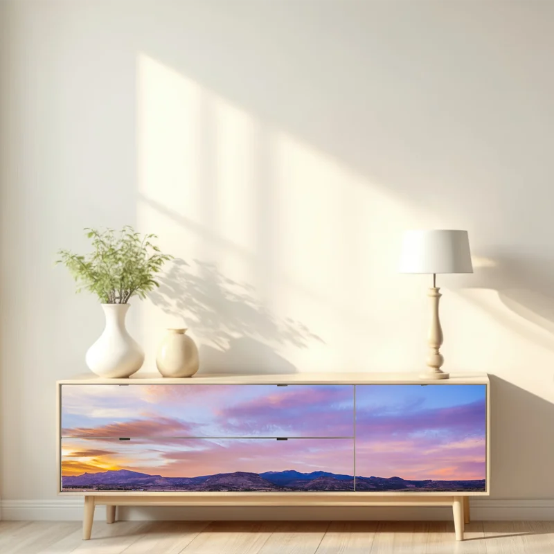 Repositionierbarer Aufkleber pastellsonnenuntergang über wüstenbergen