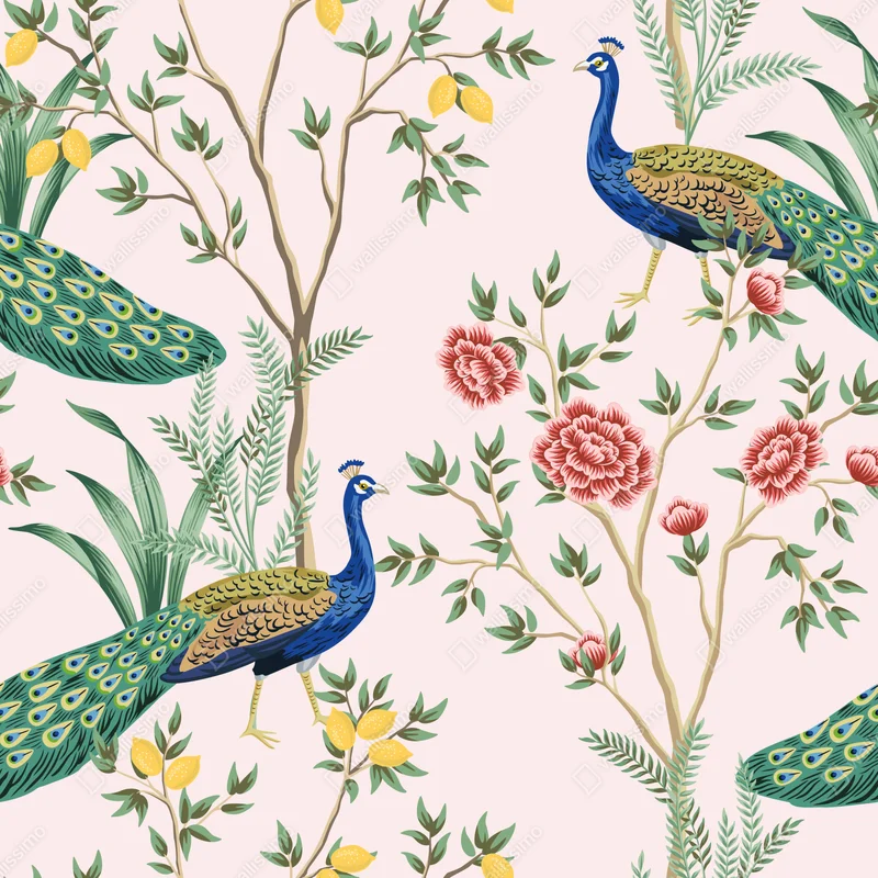 Kühlschrankaufkleber elegantes pfau- und blumenmuster auf rosa hintergrund Kühlschrankaufkleber elegantes pfau- und blumenmuster auf rosa hintergrund