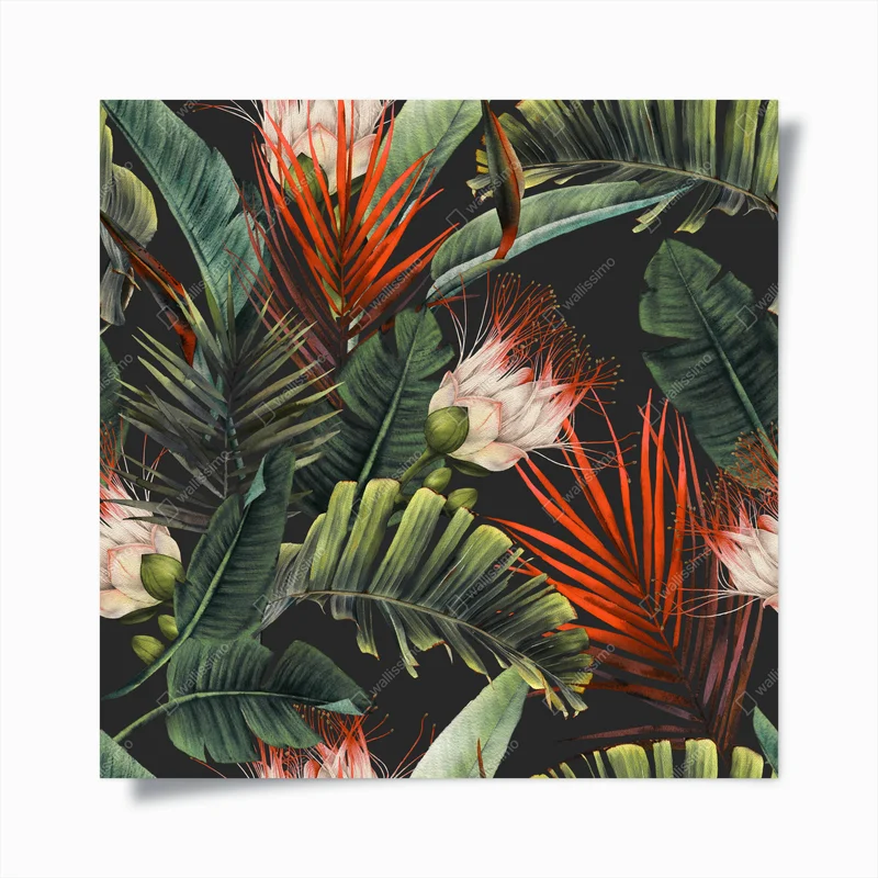 Poster tropisches aquarell-blumenmuster auf dunklem hintergrund • Poster bei Wallnifity® Poster tropisches aquarell-blumenmuster auf dunklem hintergrund • Poster bei Wallnifity®