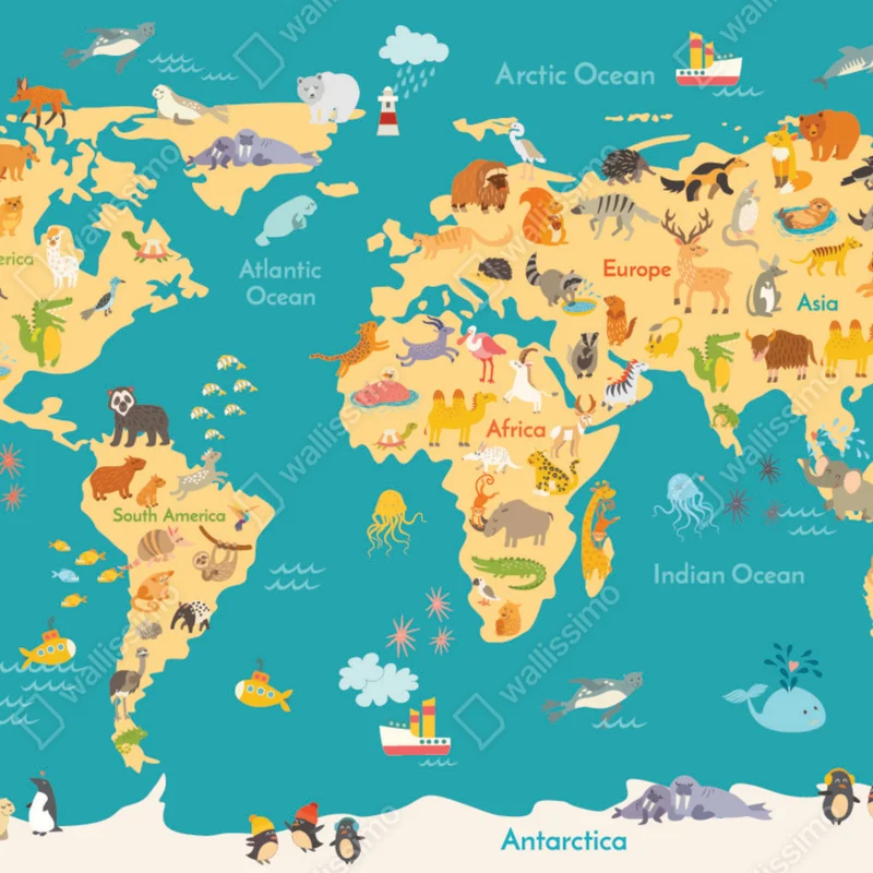 Fototapete bunte weltkarte mit tieren Fototapete bunte weltkarte mit tieren