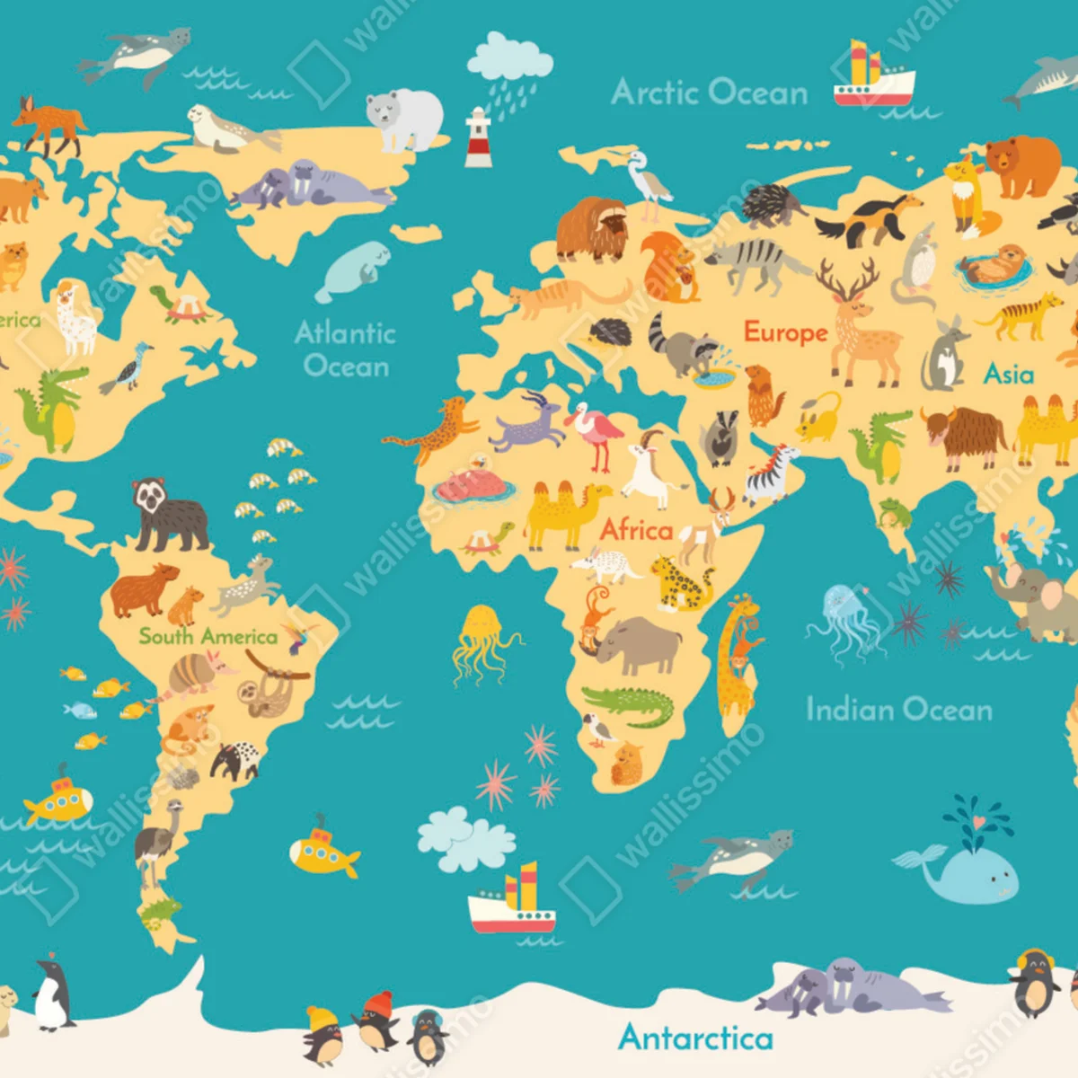 Fototapete bunte weltkarte mit tieren Fototapete bunte weltkarte mit tieren