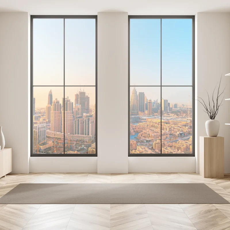 Naklejka na okno panorama Dubaju o złotej godzinie