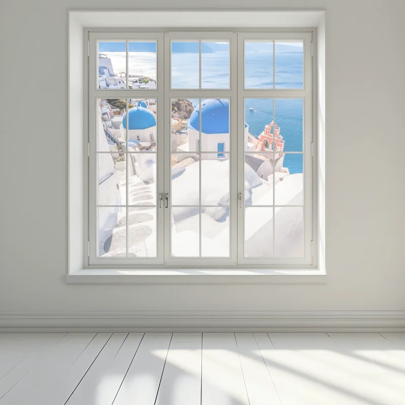 Fensteraufkleber sonniges Santorini blaue kuppeln und meerblick