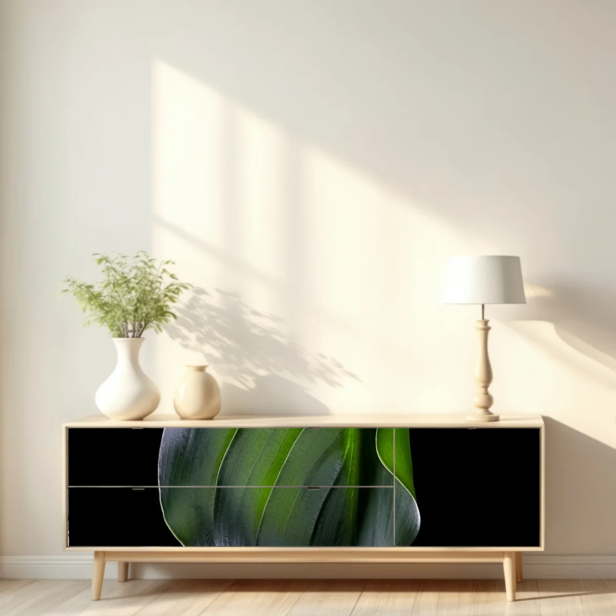 Repositionierbarer Aufkleber elegantes grünes blatt auf schwarzem hintergrund Repositionierbarer Aufkleber elegantes grünes blatt auf schwarzem hintergrund