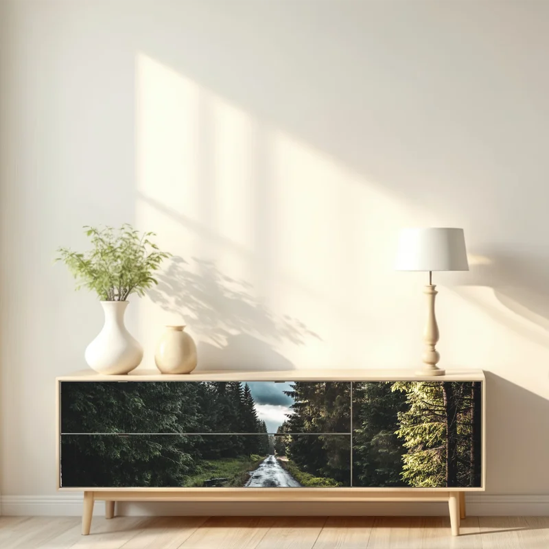 Repositionierbarer Aufkleber waldweg durch neblige kiefern Repositionierbarer Aufkleber waldweg durch neblige kiefern