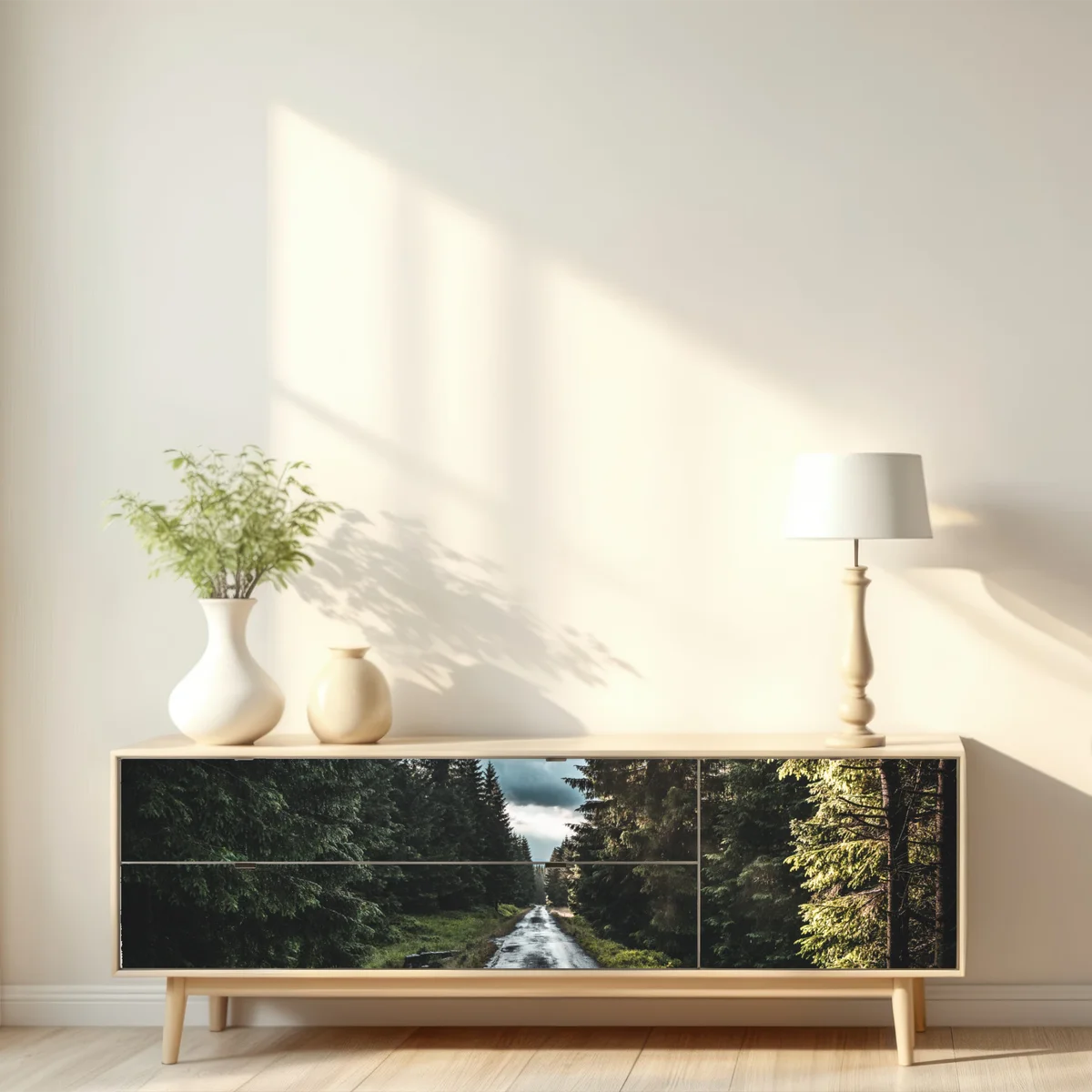 Repositionierbarer Aufkleber waldweg durch neblige kiefern Repositionierbarer Aufkleber waldweg durch neblige kiefern