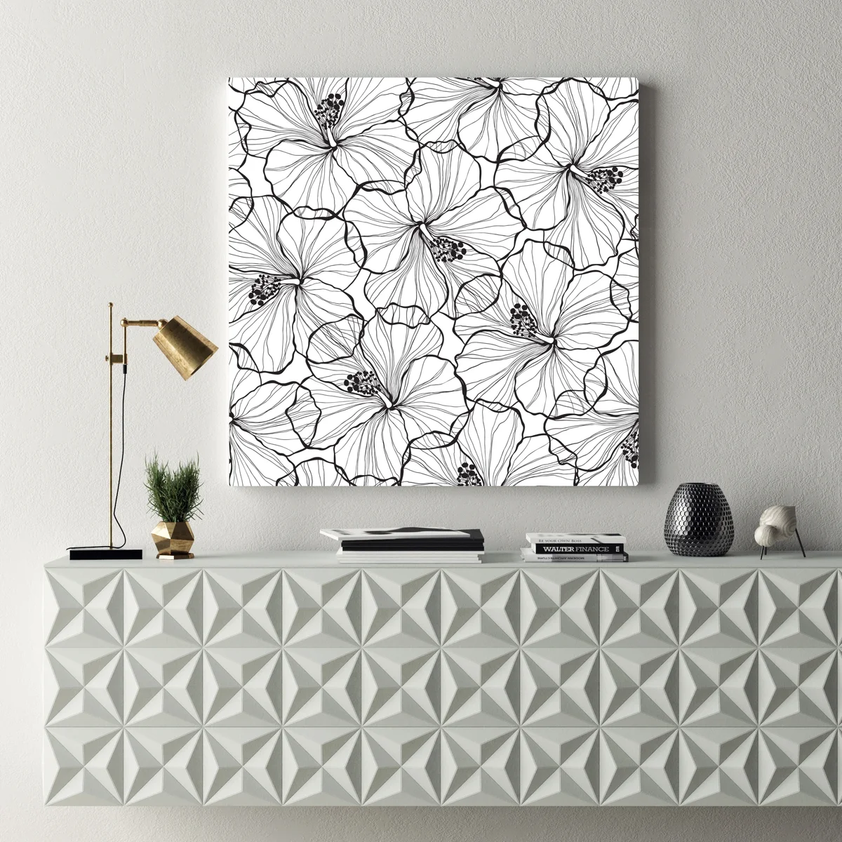 Leinwandbild schwarzweißes hibiskus line art muster Leinwandbild schwarzweißes hibiskus line art muster