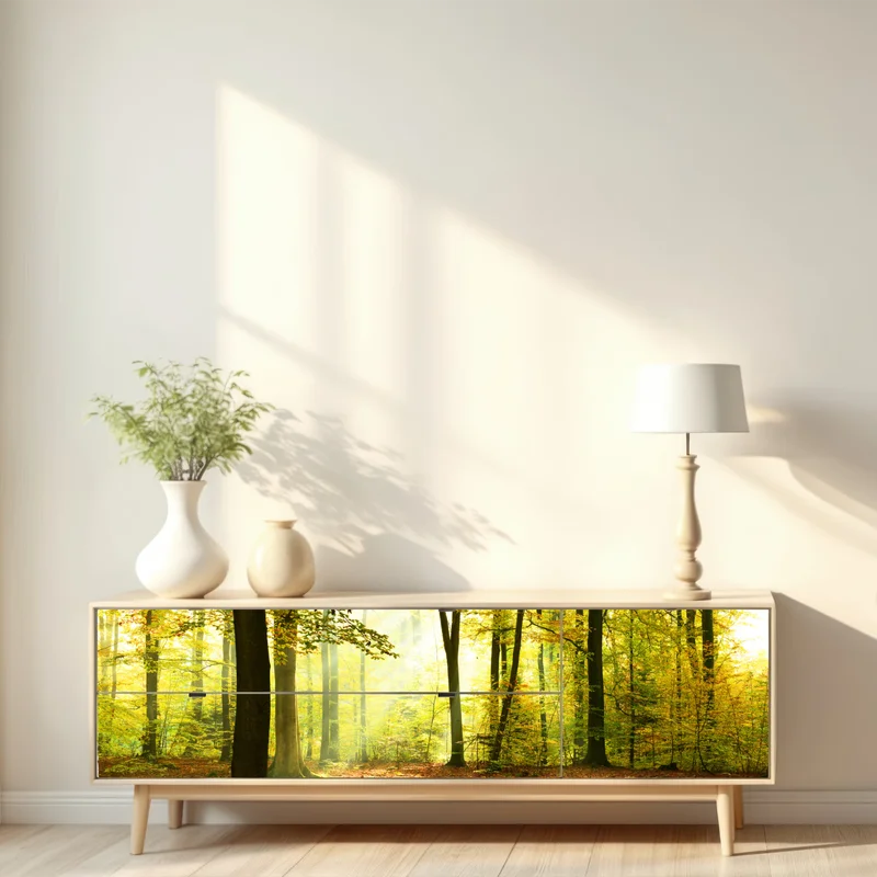 Repositionierbarer Aufkleber goldener herbstwald am morgen