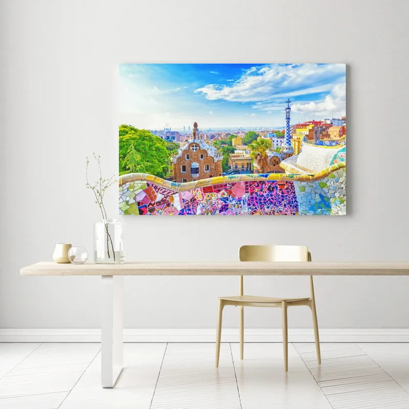 Leinwandbild lebendiges Barcelona Park Güell mosaik panorama Leinwandbild lebendiges Barcelona Park Güell mosaik panorama