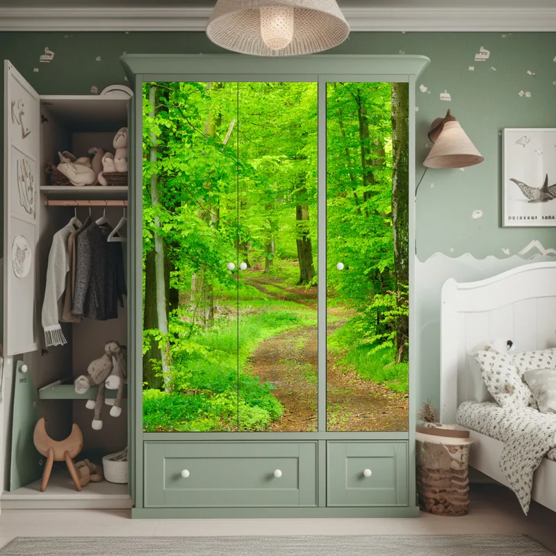 Schrankaufkleber ruhiger waldweg im frühling